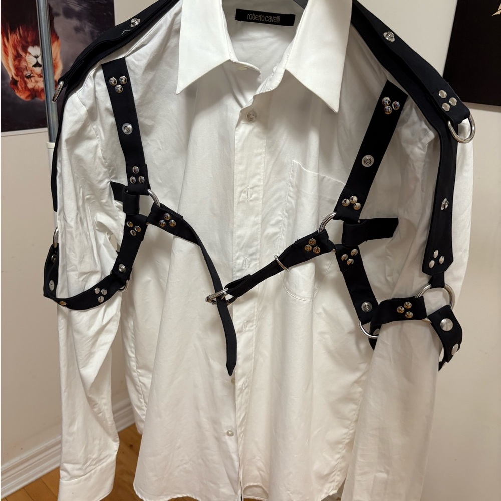 Roberto Cavalli White Shirt with Black Strap Detail